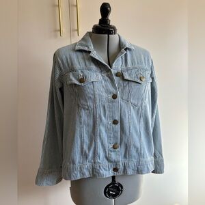 THE GREAT. Light Blue Striped Jean Jacket